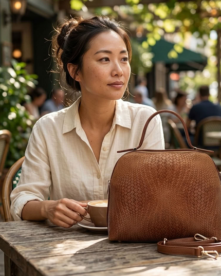 ZEEN | NOA Ledertasche mit geprägtem Flechtmuster | Camel