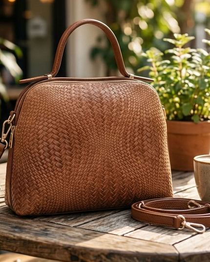 ZEEN | NOA Ledertasche mit geprägtem Flechtmuster | Camel
