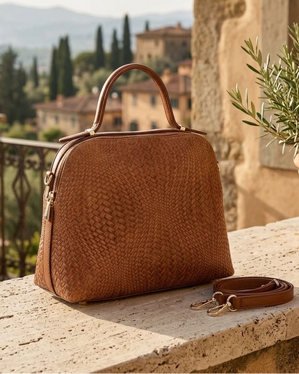 ZEEN | NOA Ledertasche mit geprägtem Flechtmuster | Camel