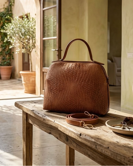 ZEEN | NOA Ledertasche mit geprägtem Flechtmuster | Camel