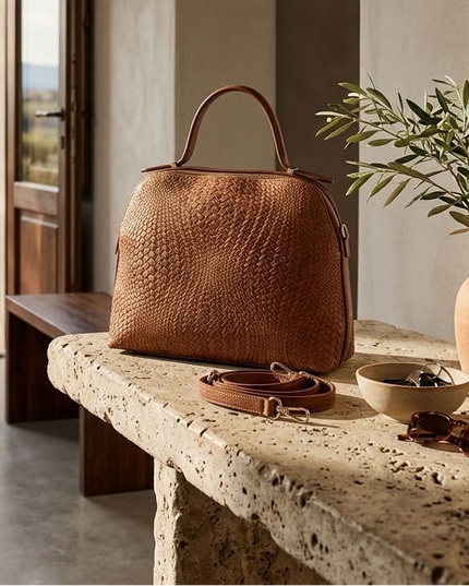 ZEEN | NOA Ledertasche mit geprägtem Flechtmuster | Camel