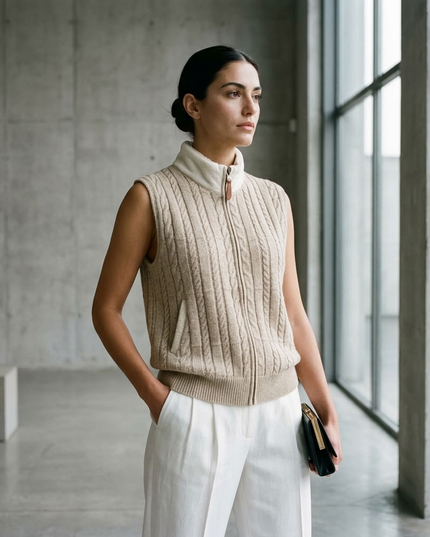 BYMANYC ® New York | Zopfstrickweste | Beige meliert