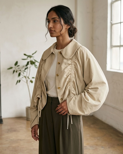 BYMANYC ® New York | SOHO kurze Jacke mit Bubikragen und Raffung | Sandbeige
