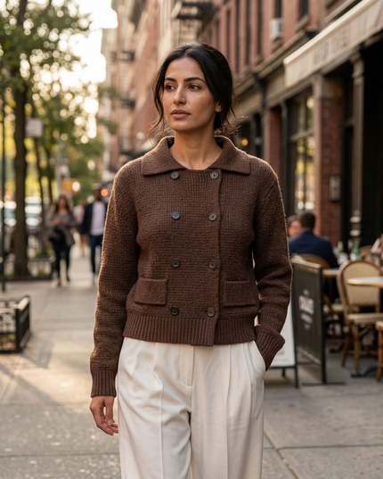 BYMANYC ® New York | Zweireihige Strickjacke | Schokoladenbraun
