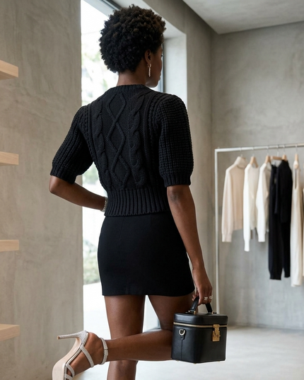 💟 HELL'S KITCHEN Damen Sweater | Schwarz | Cable-Knit Puff Sleeve