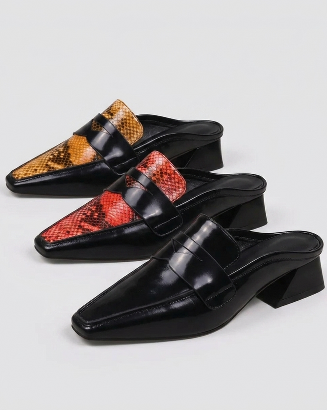Faux Snakeskin Mules | Black / Brown / Red