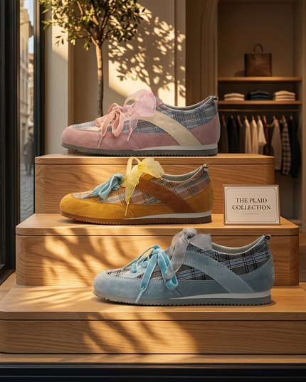 Masoomake Damen GAT Sneaker – Plaid Ribbon Lace Coquette Style