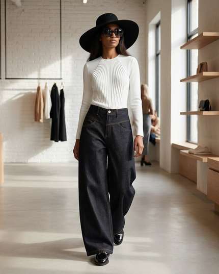💟 Black Wide-Leg Denim Jeans | Ochre Contrast Stitching