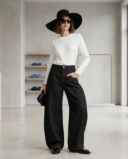 💟 Black Wide-Leg Denim Jeans | Ochre Contrast Stitching
