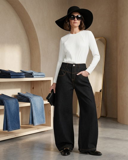 💟 Black Wide-Leg Denim Jeans | Ochre Contrast Stitching