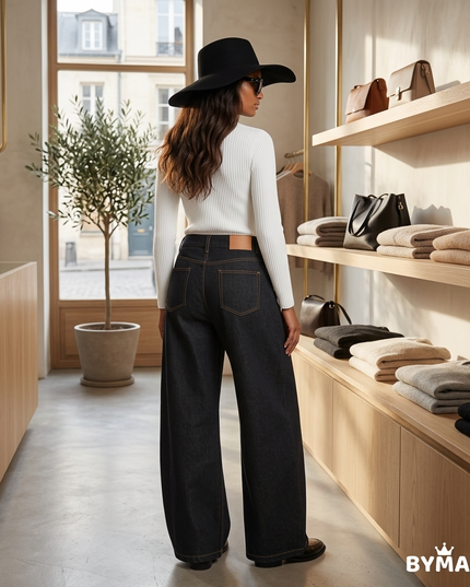 💟 Black Wide-Leg Denim Jeans | Ochre Contrast Stitching