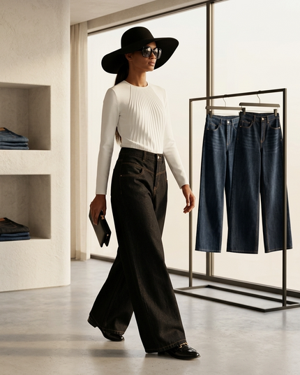 💟 Black Wide-Leg Denim Jeans | Ochre Contrast Stitching