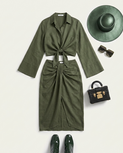 👗 GREENWICH Damen Tie-Blouse & Skirt Set | Forest Green | Prêt-à-Porter