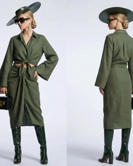 👗 GREENWICH Damen Tie-Blouse & Skirt Set | Forest Green | Prêt-à-Porter