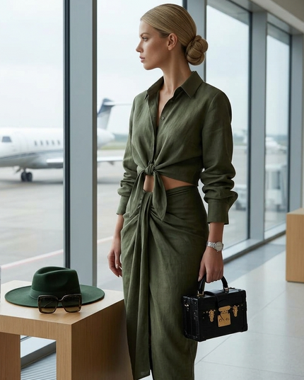 👗 GREENWICH Damen Tie-Blouse & Skirt Set | Forest Green | Prêt-à-Porter