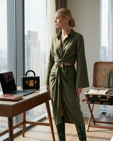 👗 GREENWICH Damen Tie-Blouse & Skirt Set | Forest Green | Prêt-à-Porter