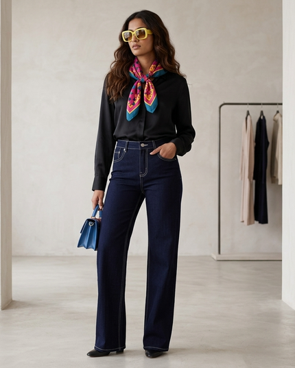 💟FIFTH AVENUE Wide-Leg Cropped Jeans | Dark Blue