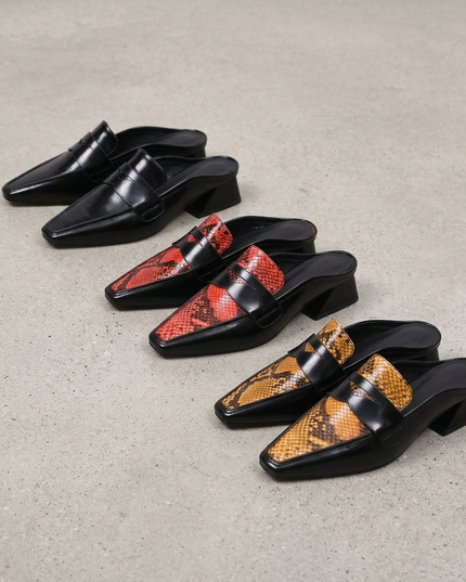 Faux Snakeskin Mules | Black / Brown / Red