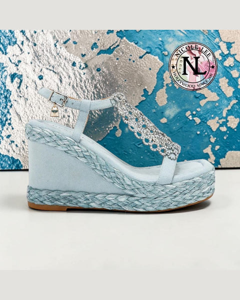 Plateau-Sandale mit Kristallkette – Blau