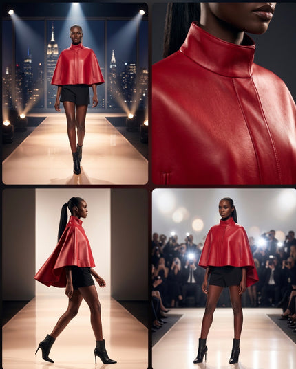 Red Leather-Style Short Cape Jacket For Women, Greenwich Village, BYMANYC New York. 