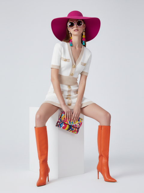 Ice Silk Knit Dress with Gold Buckle For Women, V-Neck, Upper East Side, BYMANYC New York.-1