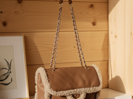 Shoulder bag with chain strap in suede look with fur trim 