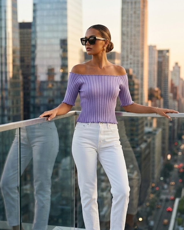 Lavender ASTOR Ribbed Off-the-Shoulder Top Prêt-à-Porter BYMANYC ®-0