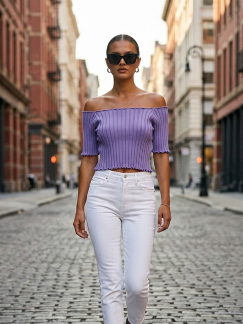 Lavender ASTOR Ribbed Off-the-Shoulder Top Prêt-à-Porter BYMANYC ®-2