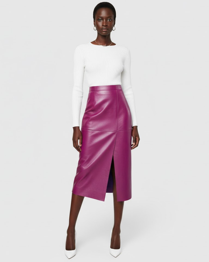 💟 BLEECKER Vegan Leather Midi Pencil Rock | Purple Pink | COUTURE in NOLITA