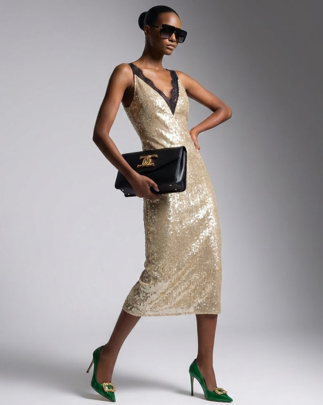 Midi Dress New Collection BYMANYC ® New York • Champagne Gold Sequins & Lace-0