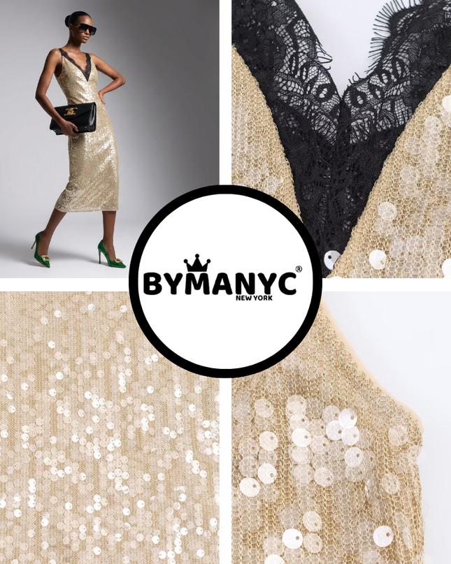 Midi Dress New Collection BYMANYC ® New York • Champagne Gold Sequins & Lace-1