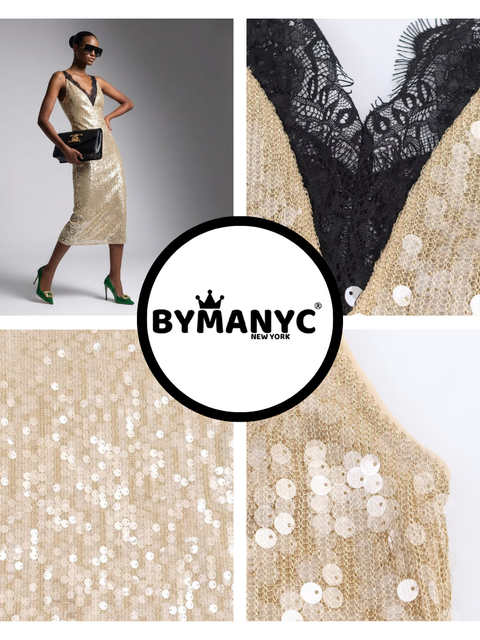 Midi Dress New Collection BYMANYC ® New York • Champagne Gold Sequins & Lace-1