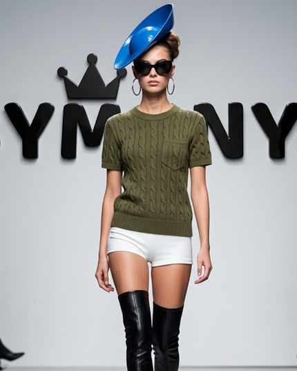 BYMANYC ® New York | Kurzarm-Zopfstrickpullover | Olivgrün