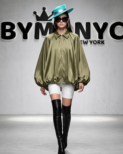 BYMANYC ® New York | Oversize-Blusenjacke aus Satin | Olivgrün