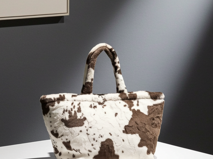 Printed bag with cow pattern and long, soft handles 
