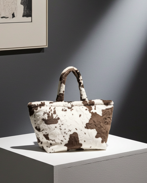 Bedruckte Tasche mit Kuhmuster und langen, weichen Henkeln