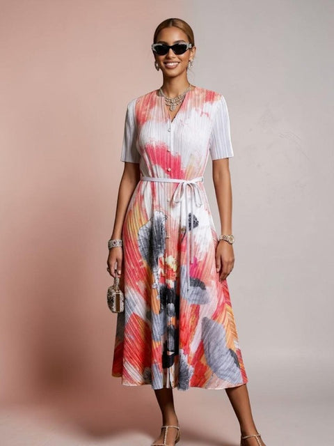 Rosa-oranges Blumen-Plissee-Midikleid GRAMERCY • BYMANYC ® New York