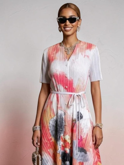 Rosa-oranges Blumen-Plissee-Midikleid GRAMERCY • BYMANYC ® New York