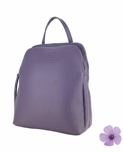 RB1018Y | Zaino Donna Doppio scomparto in Vera Pelle Made in Italy con spallacci regolabili. Accessori in metallo Canna di Fucile - Colore Viola - Dimensioni: cm 26 x 30 x 14,5-1