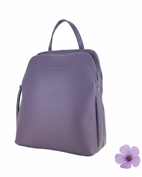 RB1018Y | Zaino Donna Doppio scomparto in Vera Pelle Made in Italy con spallacci regolabili. Accessori in metallo Canna di Fucile - Colore Viola - Dimensioni: cm 26 x 30 x 14,5-1