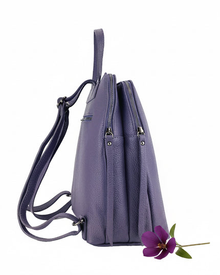 RB1018Y | Zaino Donna Doppio scomparto in Vera Pelle Made in Italy con spallacci regolabili. Accessori in metallo Canna di Fucile - Colore Viola - Dimensioni: cm 26 x 30 x 14,5-3
