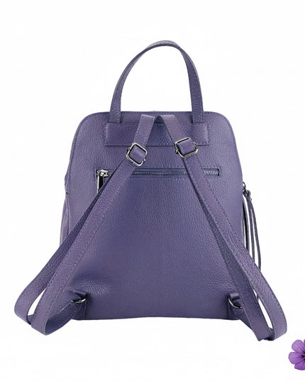 RB1018Y | Zaino Donna Doppio scomparto in Vera Pelle Made in Italy con spallacci regolabili. Accessori in metallo Canna di Fucile - Colore Viola - Dimensioni: cm 26 x 30 x 14,5-4
