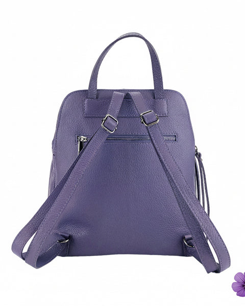 RB1018Y | Zaino Donna Doppio scomparto in Vera Pelle Made in Italy con spallacci regolabili. Accessori in metallo Canna di Fucile - Colore Viola - Dimensioni: cm 26 x 30 x 14,5-4