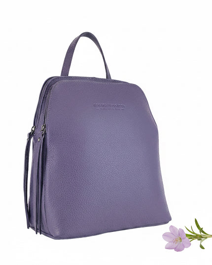 RB1018Y | Zaino Donna Doppio scomparto in Vera Pelle Made in Italy con spallacci regolabili. Accessori in metallo Canna di Fucile - Colore Viola - Dimensioni: cm 26 x 30 x 14,5-0