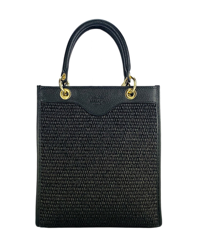 RB1026A  | Borsa Donna a mano verticale in Vera Pelle e Paglia Made in Italy. Tracolla removibile e regolabile in pelle. Accessori Oro Lucido - Colore Nero - Dimensioni: cm 24 x 29 x 9-1