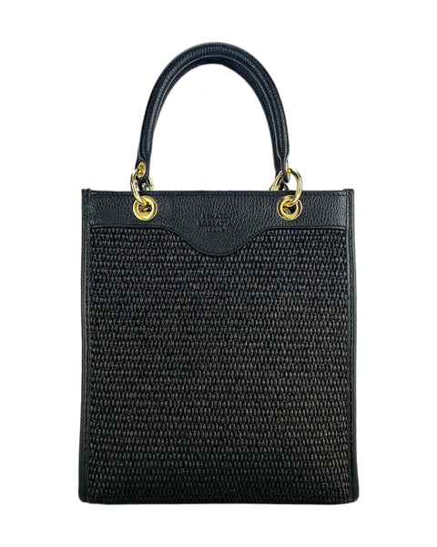 RB1026A  | Borsa Donna a mano verticale in Vera Pelle e Paglia Made in Italy. Tracolla removibile e regolabile in pelle. Accessori Oro Lucido - Colore Nero - Dimensioni: cm 24 x 29 x 9-1