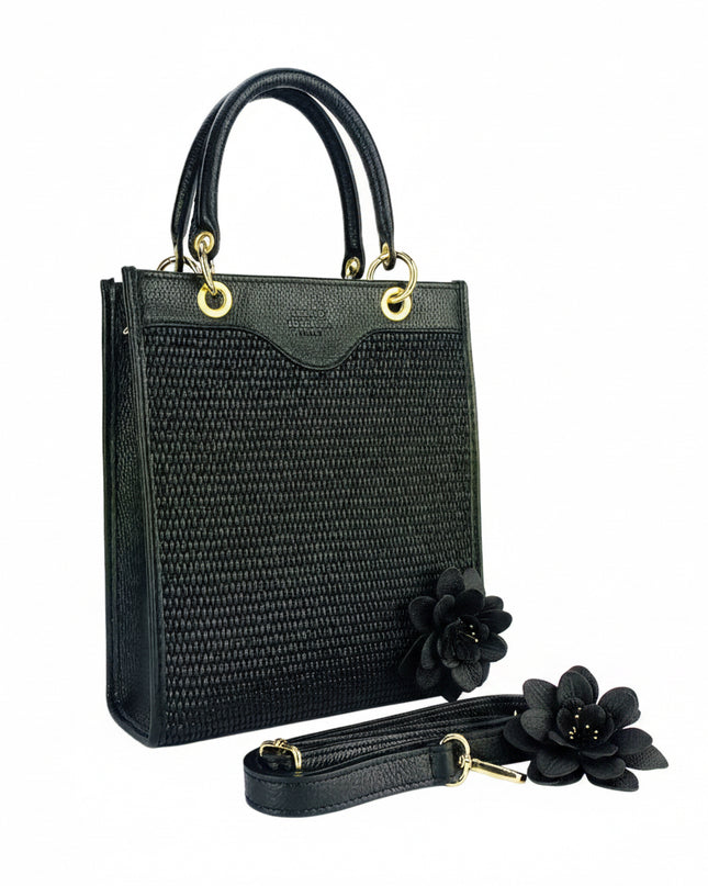 RB1026A  | Borsa Donna a mano verticale in Vera Pelle e Paglia Made in Italy. Tracolla removibile e regolabile in pelle. Accessori Oro Lucido - Colore Nero - Dimensioni: cm 24 x 29 x 9-2