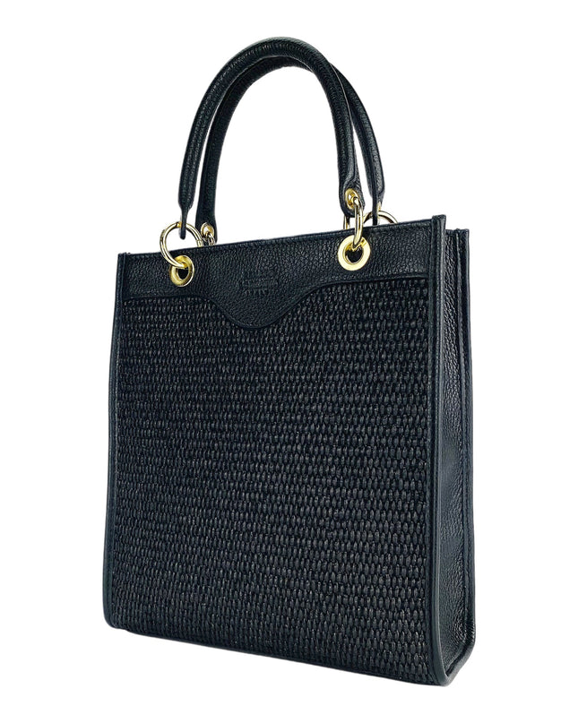 RB1026A  | Borsa Donna a mano verticale in Vera Pelle e Paglia Made in Italy. Tracolla removibile e regolabile in pelle. Accessori Oro Lucido - Colore Nero - Dimensioni: cm 24 x 29 x 9-0