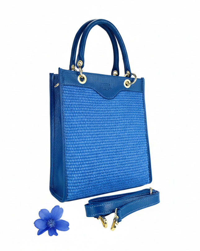 RB1026CH | Women's upright hand bag in Genuine Leather and Straw Made in Italy. Removable and adjustable leather shoulder strap. Shiny Gold hardware - Royal Blue color - Dimensions: 24 x 29 x 9 cm.-2