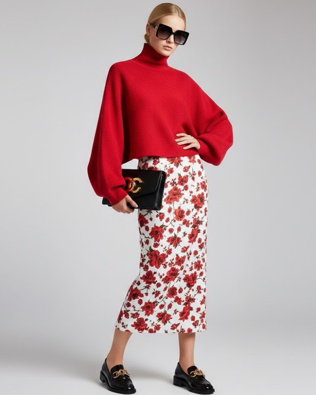 Red Knit Sweater with Peris Neck and Puff Sleeves • BYMANYC ® New York-0